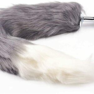 Metal Anal Butt Plug Furry Grey Cat Tail